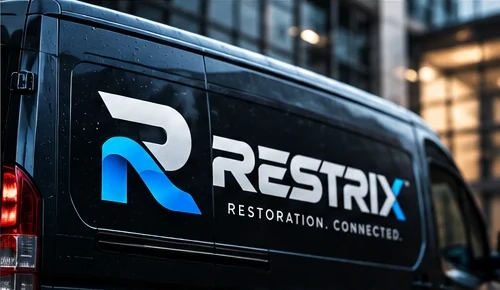 A black service van with the Restrix logo on the side, beaded with rain