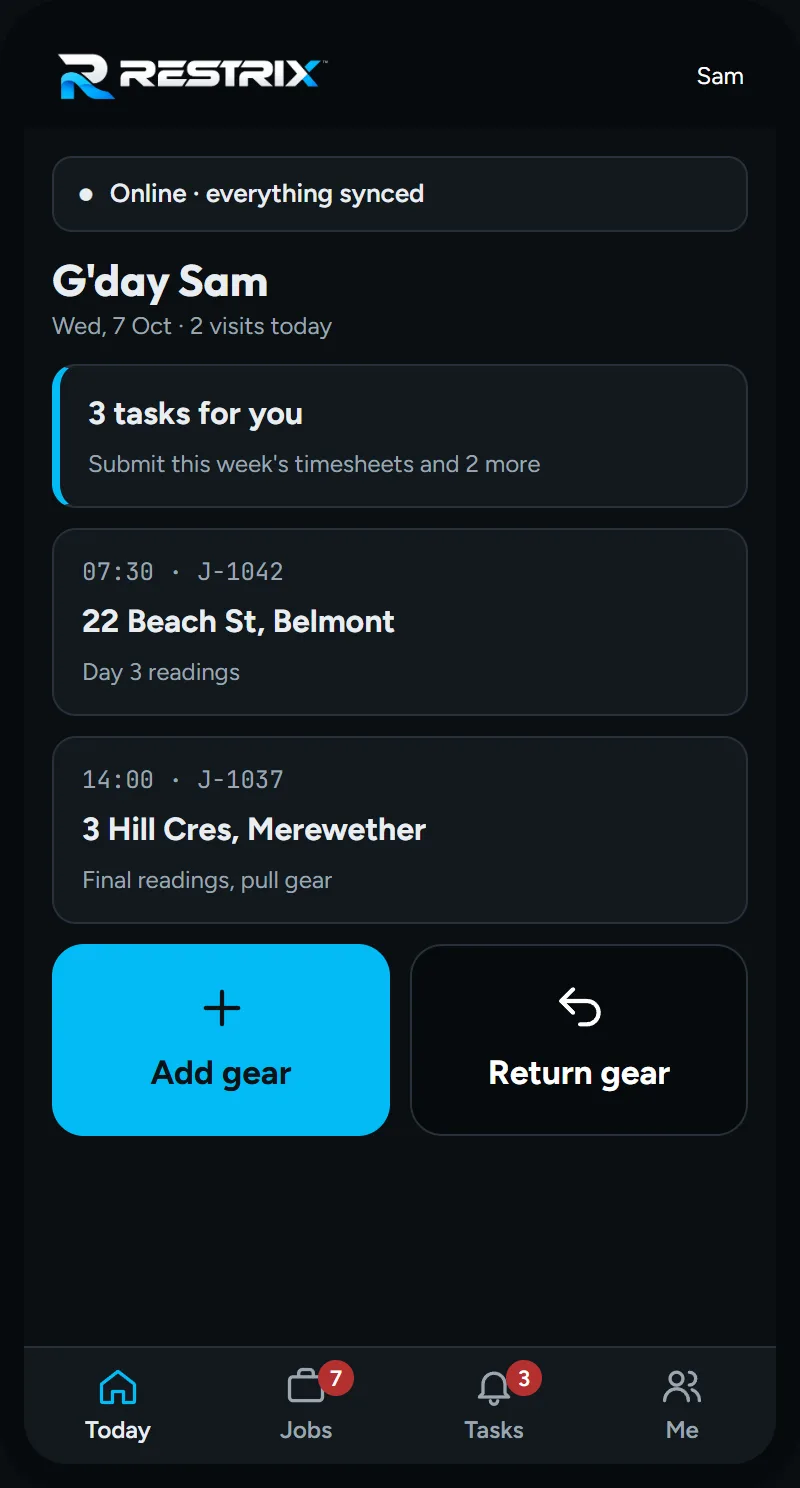 Field app home screen with today's visits and Add gear and Return gear buttons