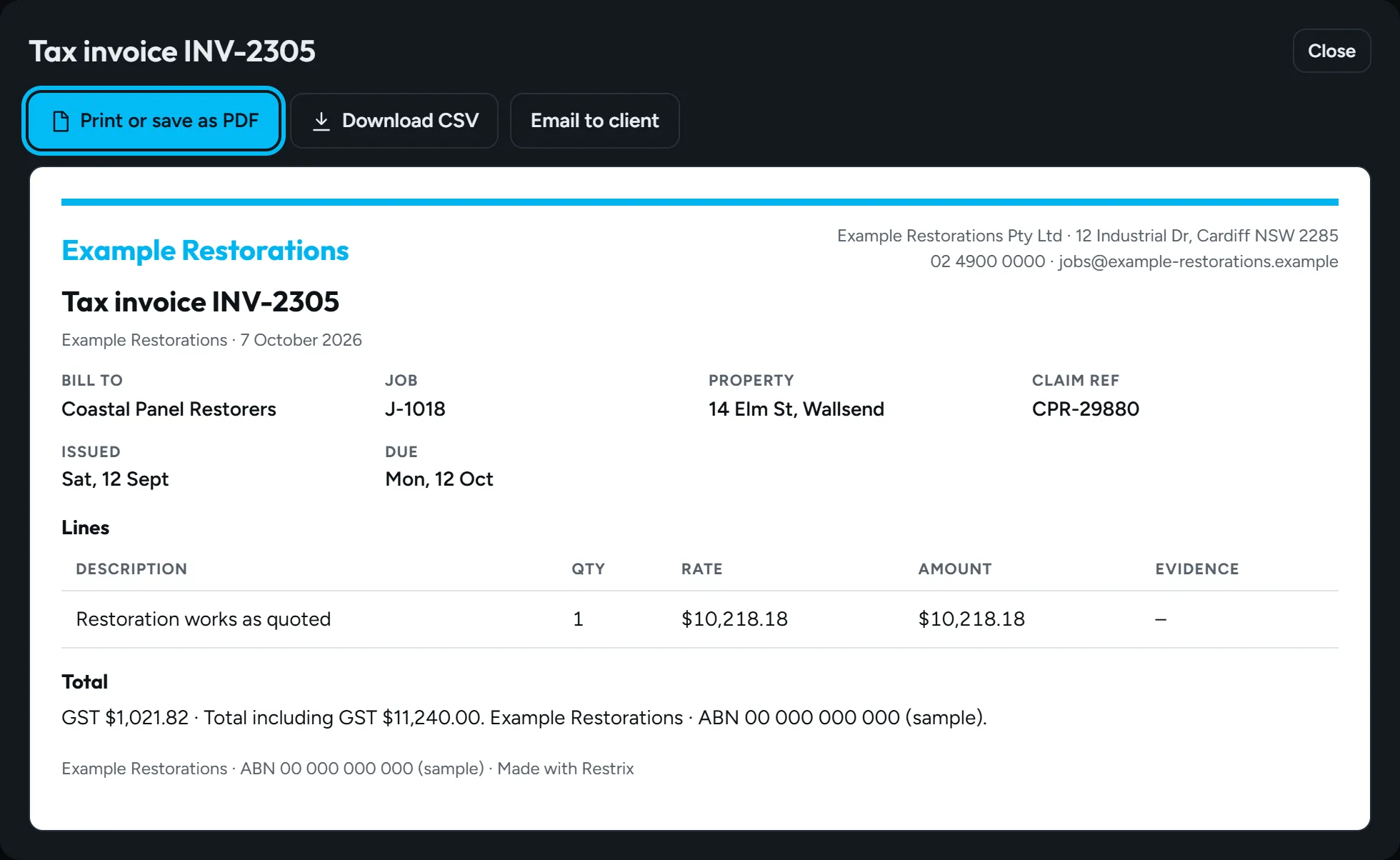 Branded tax invoice preview with evidence on each line